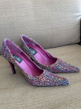 Summer Rio Multicolor Tweed Pointed Toe Pumps with Pink Lining